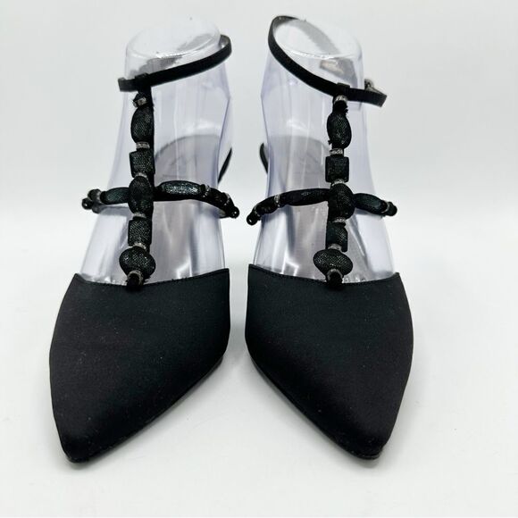 M. By Marinelli Black Satin Sparkly Jeweled T-Strap Stiletto Evening Sandal 8.5M - Picture 5 of 16